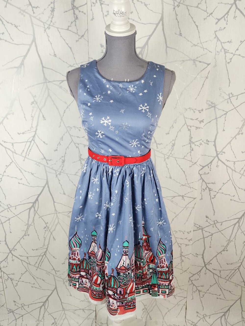 Modcloth Snowflakes City Print Cotton Stretch Belted A-Line Dress